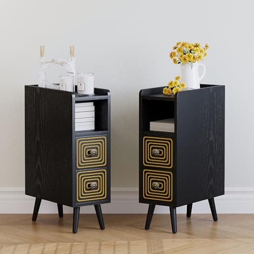 ALWXIA Nightstand Set of 2,Wooden Nightstand with Double Drawers and Open Storage Compartments,Carved Craft,Suitable for Bedroom,Living Room,Guest Room (Narrow nightstand-Black-03, 2 Packs) - Thumbnail 3