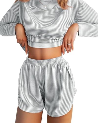 JUSTFASHIONNOW Pajamas for Women Set Shorts Striped Lounge Set 2 Piece Outfits Comfy Long Sleeve Loungewear Matching Sleepwear Long Sleeve Top and Shorts Fall Winter (Light Grey, X-Large) - Image 1
