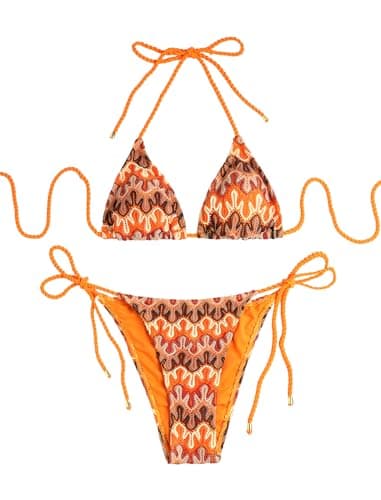 ZAFUL 2 Piece Triangle Bikini for Women Knitted Rope Halter Bikini Sets Sexy Bathing Suit Side Tie Swimsuits Beachwear Boho Orange S - Image 1