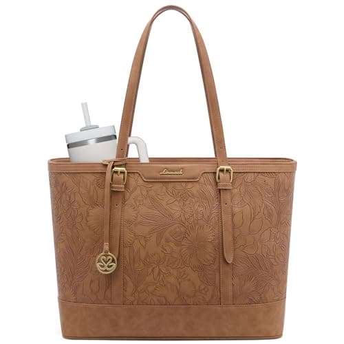 LOVEVOOK Laptop Bag for Women, 17.3 Inch Large Work Tote Bag with 40oz Cup Holder, Waterproof PU Leather Computer Briefcase for Teacher, Professional Business Shoulder Purse Floral Brown