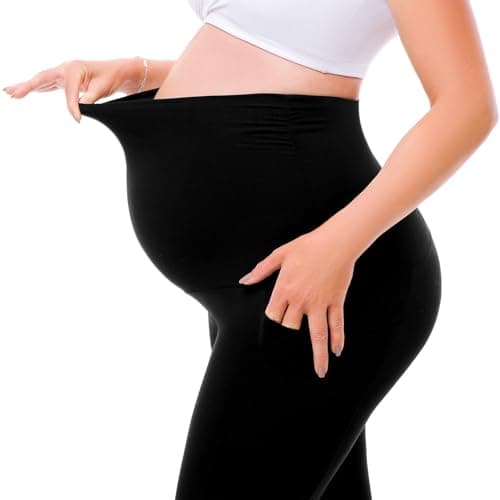 Walifrey Maternity Flared Leggings with Pocket Over The Belly Buttery Soft Pregnancy Yoga Pants Black XXL 32in - Thumbnail 5