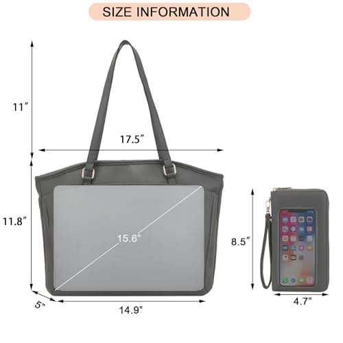 YZAOLL 15.6 Inch Laptop Tote Bag for Women,Water-resistant Vegan Leather with Anti-Scratch Padded Sleeve,Lightweight Multi-Pocket Work Bag for Business Travel,College,Office Essentials,DarkGrey - Thumbnail 3