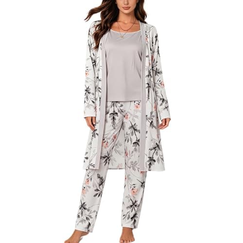 Eternatastic Women's 3 Piece Knit Lounge Set Pajama Long Sleeve Cardigan Sleeveless Top Pants Pjs Sets M Grey Floral