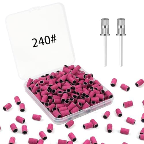 BEVTEE 200Pcs Sanding Bands for Nail Drill, 240 Grit Small Nail Sanding Bands, with 2pcs 3/32'' Nail Drill Bits, for Acrylic Nails Gel Manicures and Pedicure, Pink, Including a Dedicated Organizer - Image 1