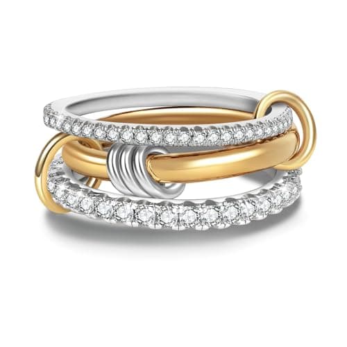 KALOAURA Gold Silver Stackable Rings for Women Non Tarnish, 18k Gold Plated Cubic Zirconia Two-Toned Connected Multi Stack Rings Bands Ring Set Jewelry for Gift