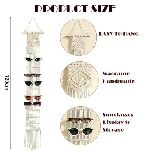 W Wellshine Macrame Sunglasses Holder Boho Wall Hanging Minimalist Eyewear Organizer Wall Sunglasses Rack Sunglasses Display (Nature) - Thumbnail 2