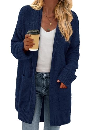 KIRUNDO Cardigan Sweaters for Women 2026 Fall Chunky Fuzzy Knit Open Front Loose Long Sleeve Sweater Coats Winter Clothing(Blue, Large) - Image 1