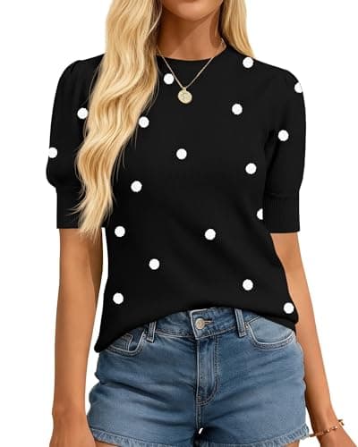 BTFBM Womens Tops Polka Dot Puff Short Sleeve Sweater for Women Crewneck Knit Summer Tops Business Dressy Casual Blouses(Black, XX-Large) - Image 1
