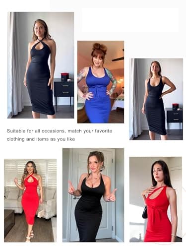 Popilush Shapewear Dress Halter Dress with Build in Shapewear Blue Casual Date Night Out Dress for 2024 Summer - Thumbnail 5