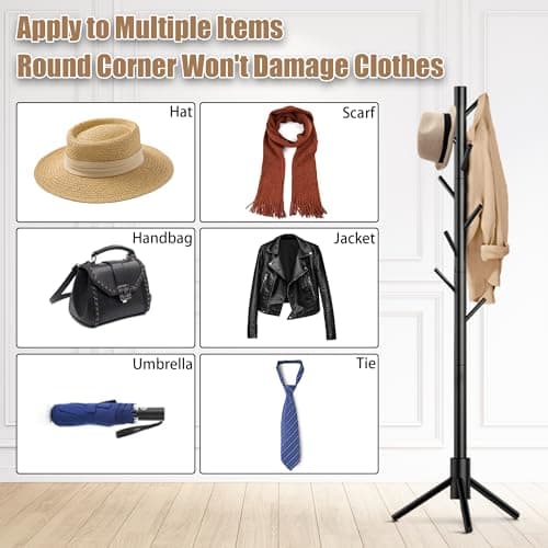 Aliphon Wooden Coat Rack Stand, Freestanding Coat Rack with 8 Hooks, 3 Adjustable Size Coat Tree for Hats, Coats, Scarves bags, Coat Hanger Stand Used in Bedroom/Office/Entryway,2 PCS (Black) - Thumbnail 6