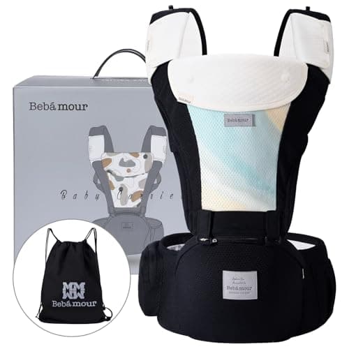 Bebamour Baby Carrier Newborn to Toddler-2 in 1 Hip Seat & Carrier Front and Back Carry with Head Hood & 3 Pieces Teething Pads& Waist Extenders & Storage Bag 0-36 Months (New Black)