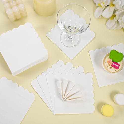 NatNarr 120 Pcs Cocktail Napkins Scalloped White Wedding Napkins Disposable Dessert Beverage Napkins for Wedding, Bridal Shower,Coffee Bar Dinner, 5 x 5 Inch - Thumbnail 4