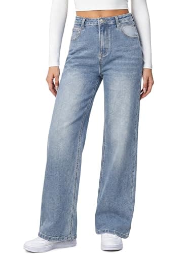 HDLTE Women Wide Leg Jeans High Waist Baggy Jean Loose Boyfriends Jeans Blue Washed - Image 1