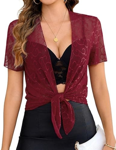 Totatuit Women's Tie Front Sheer Shrugs Bolero for Evening Dresses Short Sleeve Cropped Cardigan Scroll Wine Red Medium - Image 1