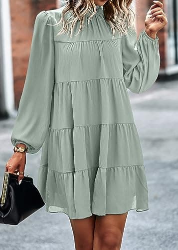 KIRUNDO Long Sleeve Baby Doll Dresses Women 2026 Casual Spring Summer Ruffle Mock Neck Tiered Mini Flowy Swing Shift Dress(Light Green, X-Large) - Thumbnail 3
