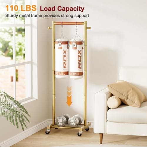 SLEEPING LAMB Small Clothes Racks for Hanging Clothes, Rolling Clothing Rack with Shelves, 60" Metal Garment Rack with Wheels Portable Wardrobe Rack for Small Space, Gold - Thumbnail 4