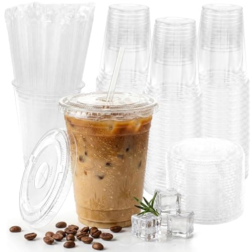Glowserve 16 oz Clear Plastic Cups with Lids and Straws 100 Pack Iced Coffee Cups with Lids for Smoothie Iced Coffee Disposable Coffee and TO-GO Cups for Cold Drinks, Milkshake, Bubble Tea - Image 1