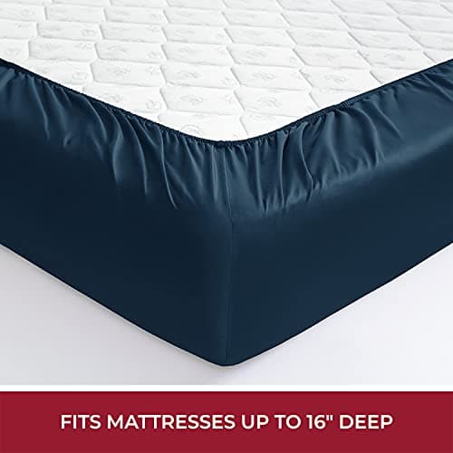 Mellanni 400 Thread Count Cotton Sateen Bedding Set - 4 Piece Bed Sheets Set - Fits Mattresses up to 16" Deep - Cooling Sheet for Hot Sleepers (Full, Navy) - Thumbnail 4