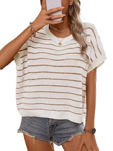 RICHSTORY Short Sleeve Sweaters for Women 2026 Casual Cap Sleeve Pullover Crochet Tank Tops Trendy Crewneck Sweater Vest Teacher Outfits Summer Clothes Beige Medium - Image 1