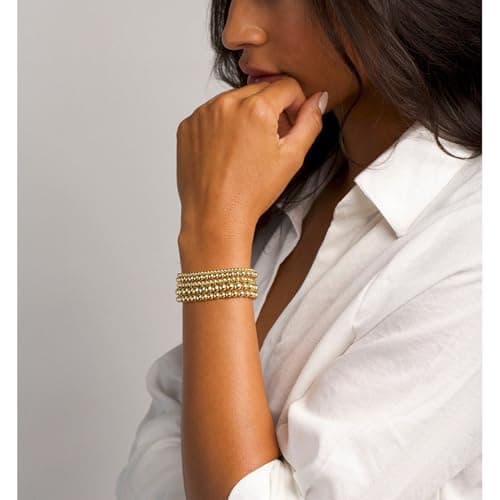 Gold Beaded Bracelets for Women, 5 Pcs Dainty 14K Gold Plated Chunky Stretch Bead Ball Bracelet Stack - Thumbnail 2