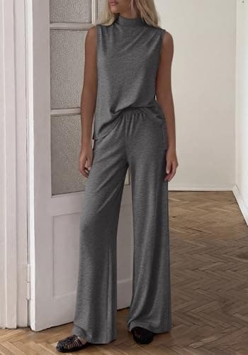 BTFBM 2 Piece Outfits For Women Airport Travel Summer 2026 Loose Mock Neck Sleeveless Wide Leg Pants Workout Lounge Sets(Dark Grey, Large) - Thumbnail 4