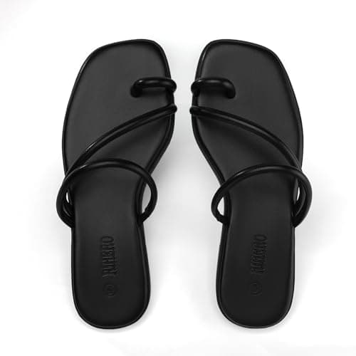 Rihero Black Slide Sandals Women Comfortable Square Toe Strappy Thong Flat Sandals Beach Dressy Slip On Flip Flops Size 9 - Thumbnail 5