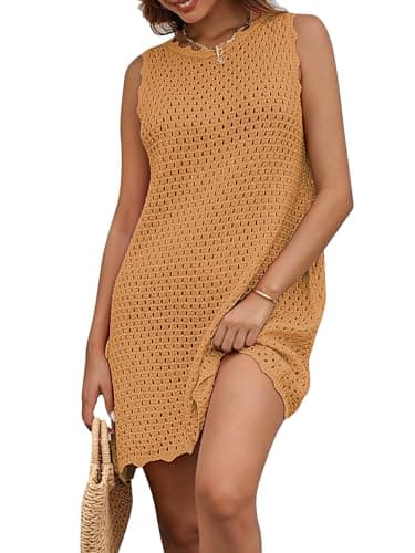 AiMgFUN Womens Swimsuit Cover Up Sleeveless Knit Swimwear Bathing Suit Coverup Crochet Beach Dress for Summer Outfits 2025 Khaki-S