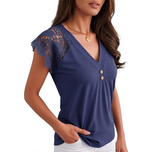 Angashion Womens Tops Lace Short Sleeve Casual V Neck Tunic with Button Summer Elegant Business Work Blouse Navy Blue X-Large - Thumbnail 4