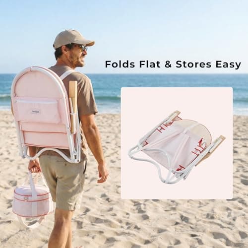 DEER LAND Padded Low Beach Chair, 4-Position Folding Outdoor Chair with Wooden Armrests, Cushioned Seat, Storage Pouch & Carry Strap for Beach, Patio and Lawn, Harbour Rosé Pink - Thumbnail 5