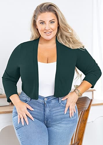 AusLook Plus Size Bolero Christmas Shrugs for Dresses Women Lightweight 3/4 Sleeve Deep Forest 4X Knit Cropped Cardigan Sweaters Open Front Coat Summer Top For Evening dresses - Thumbnail 2
