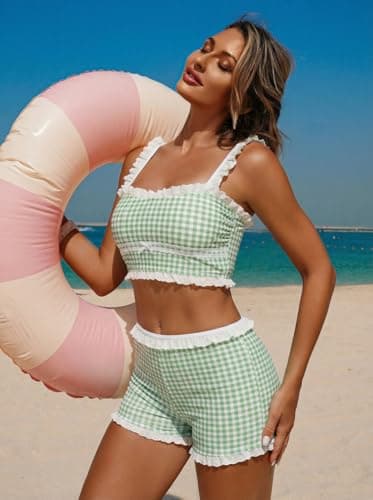 ZAFUL Womens High Waisted Bikini Sets 2 Piece Plaid Ruffle Swimsuits Back Strap Top with High Waisted Shorts Bathing Suit Green S - Thumbnail 3