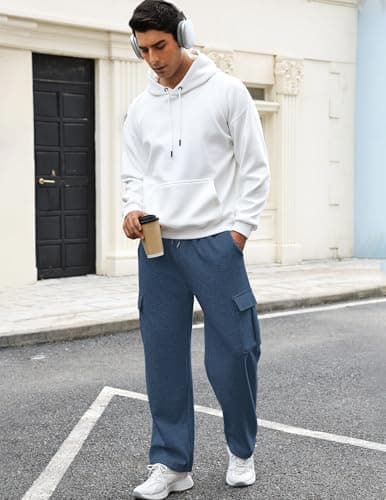 3rd hill Men's Fleece Cargo Sweatpants Loose Fit Cotton Joggers with 5 Pockets Open Bottom for Gym Hiking Casual Wear Navy Blue S - Thumbnail 6