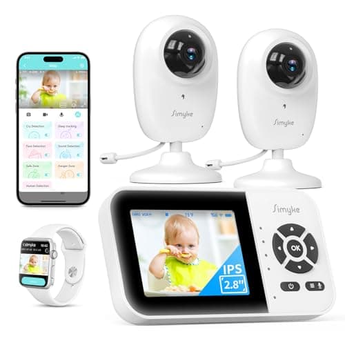 Simyke Smart Baby Monitor with 2 Cameras and Audio,App,Long Range,Night Vision,Temperature Sensor,2 Way Talk, Feeding Clock and lullabies,Home Use - Image 1