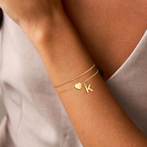 Decholly Initial Bracelets for Women Trendy, 18K Gold Plated Heart Initial F Bracelet Dainty Gold Bracelets for Women Trendy Jewelry Gifts - Thumbnail 4