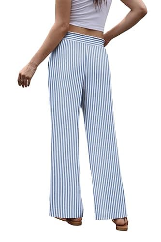 Sampeel Blue Striped Pants Women Wide Leg Summer Pants for Women with Pockets Lightweight Fashion Clothing Palazzo Trousers Beach Vacation Travel Outfits Clothes Loose XL - Thumbnail 5