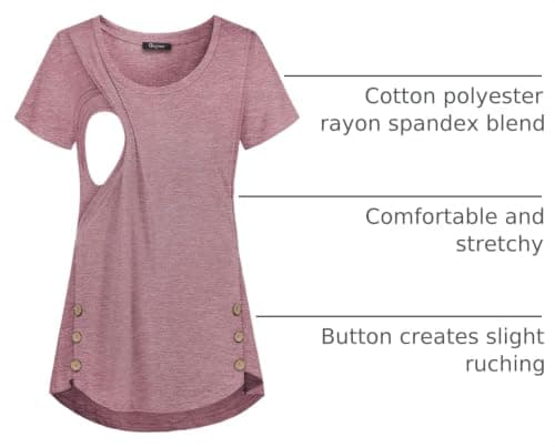 Maternity Tunic, Quinee Women Round Neck Short Sleeve Summer Breastfeeding Pajamas Layering Nursing Tops Easy Acces Home Wear Button Details Comfortable Knitted Shirts Rose Red XXL - Thumbnail 4