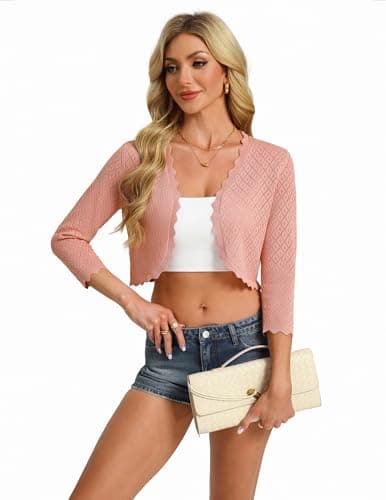 GRACE KARIN 3/4 Sleeve Cardigan for Women Lightweight Summer Sweater Open Front Knit Bolero Shrugs for Dresses(Pink,L) - Thumbnail 4