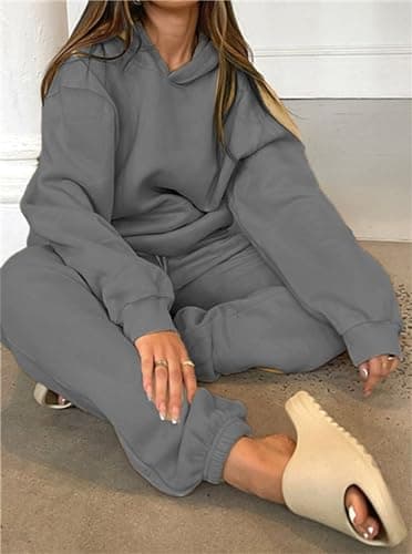 PAODIKUAI Women 2 Piece Outfits Hoodie Sweatsuits Set Sweatpants Long Sleeve Sweatshirt Matching Joggers Tracksuit Sets(dark gray,2XL) - Thumbnail 6