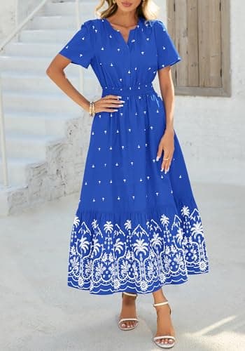 BTFBM Summer Dresses for Women 2026 Casual V Neck Short Sleeve Flowy Wedding Guest Beach Vacation Floral Boho Maxi Dress(Royal Blue White Flower, Large) - Thumbnail 5