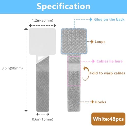 Desk Cable Management, Wire Organizers for Cords - Upgrade 48 PCS Grey Sticky Back Self Adhesive Cable Ties, Hook and Loop Straps for Home or Office Use - Thumbnail 3