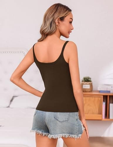 Totatuit Women Casual Spaghetti Strap Camisole Top Square Neck Tank Tops Fitted Layering Tops Basic Undershirts Athletic Tanks Brown X-Large - Thumbnail 3