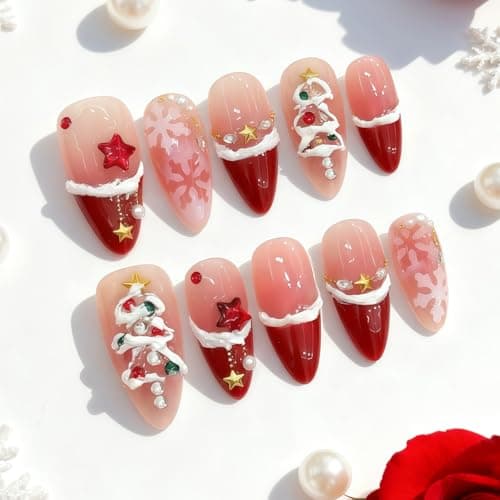 Christmas Tree Press On Nails, Yacey Reusable Almond Fake Nails, Red French Tip Acrylic False Nails Press Ons with Snowflake Designs, 3D Christmas Glossy Glue on Nails for Women Girls 24Pcs/12 Sizes