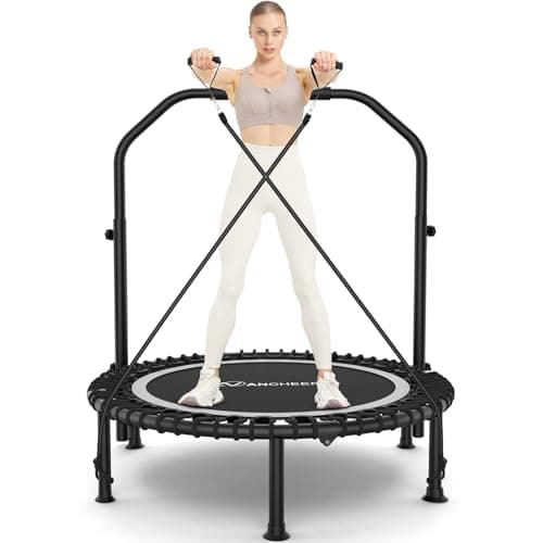 ANCHEER 48" Foldable Mini Trampoline - Max Load 350lbs - 450lbs Indoor Exercise Equipment - with 4 Level Adjustable Foam Handle and Resistance Bands - Adult Exercise Rebounder Trampoline for Home