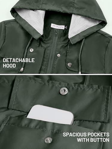 PITINAN Waterproof Jackets For Women Lined Womens Raincoats Waterproof With Hood Cute Womens Rain Jacket Long Rain Coats For Women Spring Fall Coats Dark Green M - Thumbnail 4