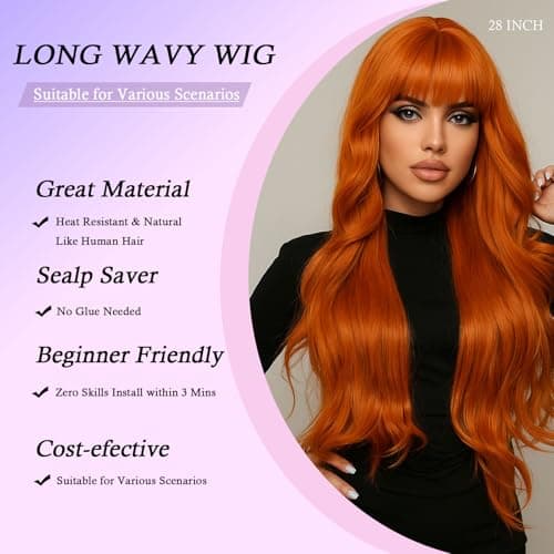 Barbique Orange Synthetic Wig with Bangs, Long Wavy Hair Natural Hairline, Heat Resistant Synthetic Hair, Adjustable Straps, Perfect for Work Party Daily Use Beginner Friendly - Thumbnail 3
