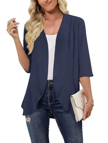 Askyes Women's Open Front Cardigan Plus Size 2026 Summer 3/4 Sleeve Draped Ruffles Eyelet Knit Beach Cardigan,Deep Blue,2XL - Thumbnail 2