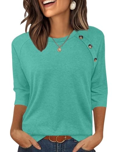 Bakoliza Summer Outfits for Women 3/4 Length Sleeve Tops Business Casual Outfits Crew Neck Shirts Basic Tees Cyan - Image 1