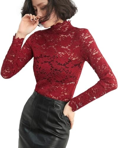 Women's Sexy Lace See Through Blouse Semi Sheer Long Sleeve Mock Neck Top Red XL - Thumbnail 5