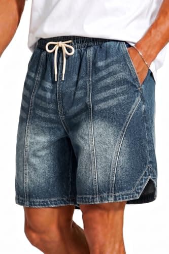 Heyfanee Mens Baggy Jean Shorts Y2k Elastic Waistband Jorts Men Streetwear Wide Leg Denim Shorts for Men Washed Blue 38 - Thumbnail 2