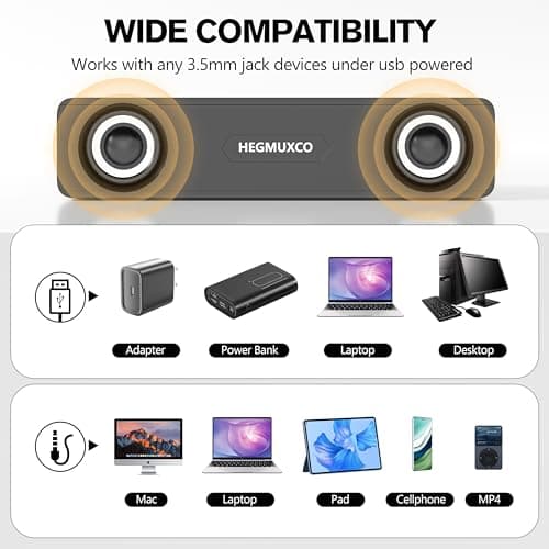 Compact PC Speakers for Desktop - 10W Wired Stereo Speaker with Volume Control Knob, USB Powered, 3.5mm Audio Input, Laptop Expertly Tuned Computer Soundbar with Deep Bass for Office, Home, and Gaming - Thumbnail 4